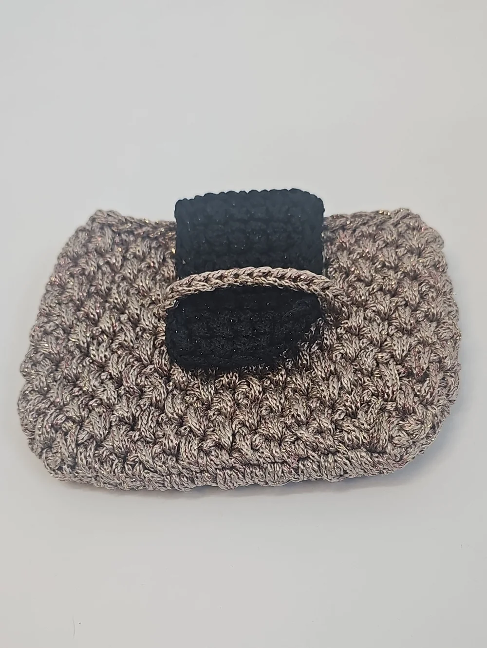 Hand Knit Mini Clutch Purse Gold & Copper Metallic w Brown Flap